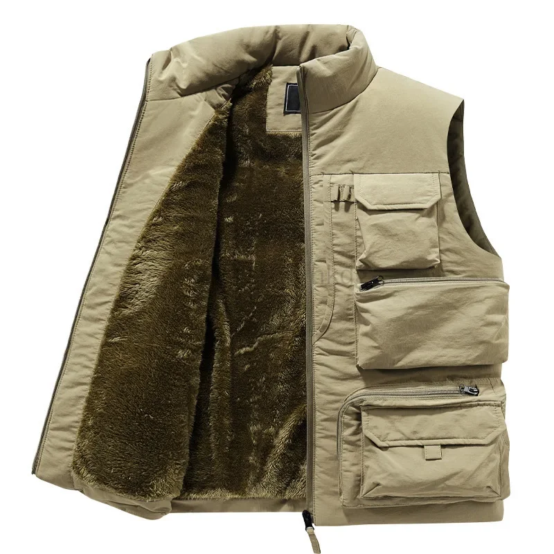 New Men's Vest Coat Winter Sleeveless Jacket Waistcoat Thick Warm Fleece Workwear Tops Cargo Vest Windbreaker Fashion Big Size