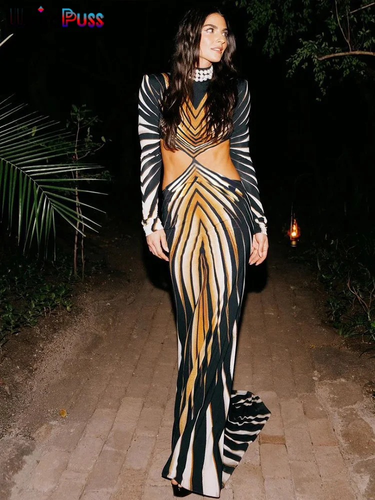 Weird Puss Waistless Dress Women Turtleneck Colorful Striped Print Hollow Full Sleeve Fall Trend 2024 Midnight Party Vestidos 3