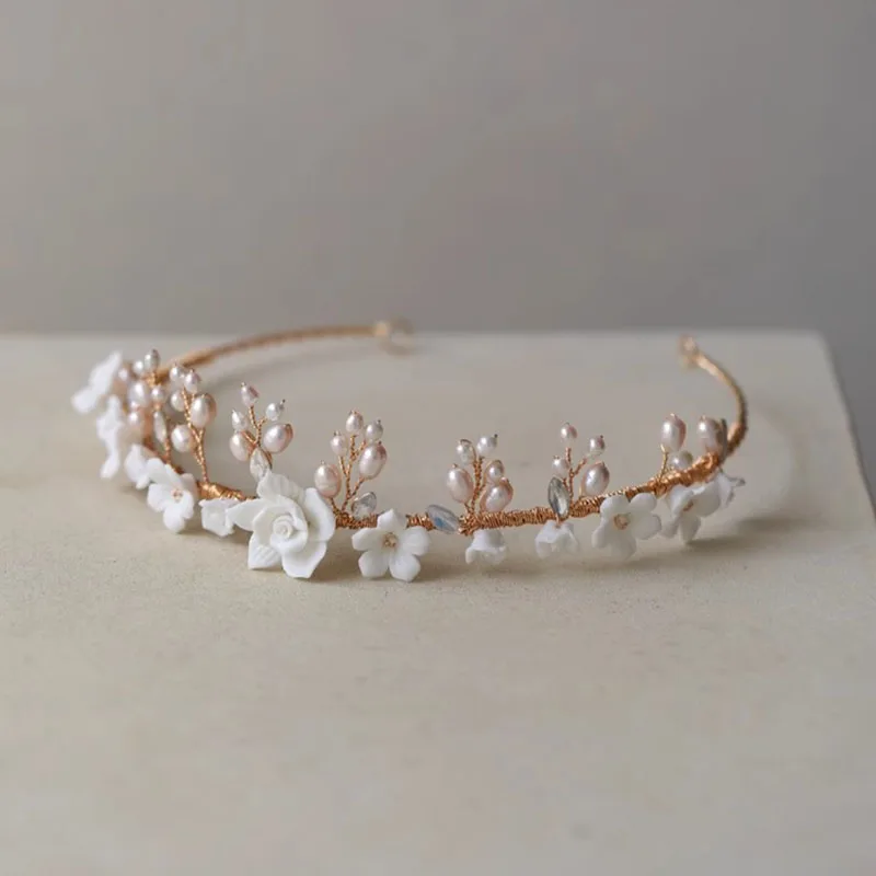 

SLBRIDAL Handmade Opal Crystal Porcelain Flower Freshwater Pearl Bridal Tiara Earring Wedding Princess Party Crown Women Jewelry