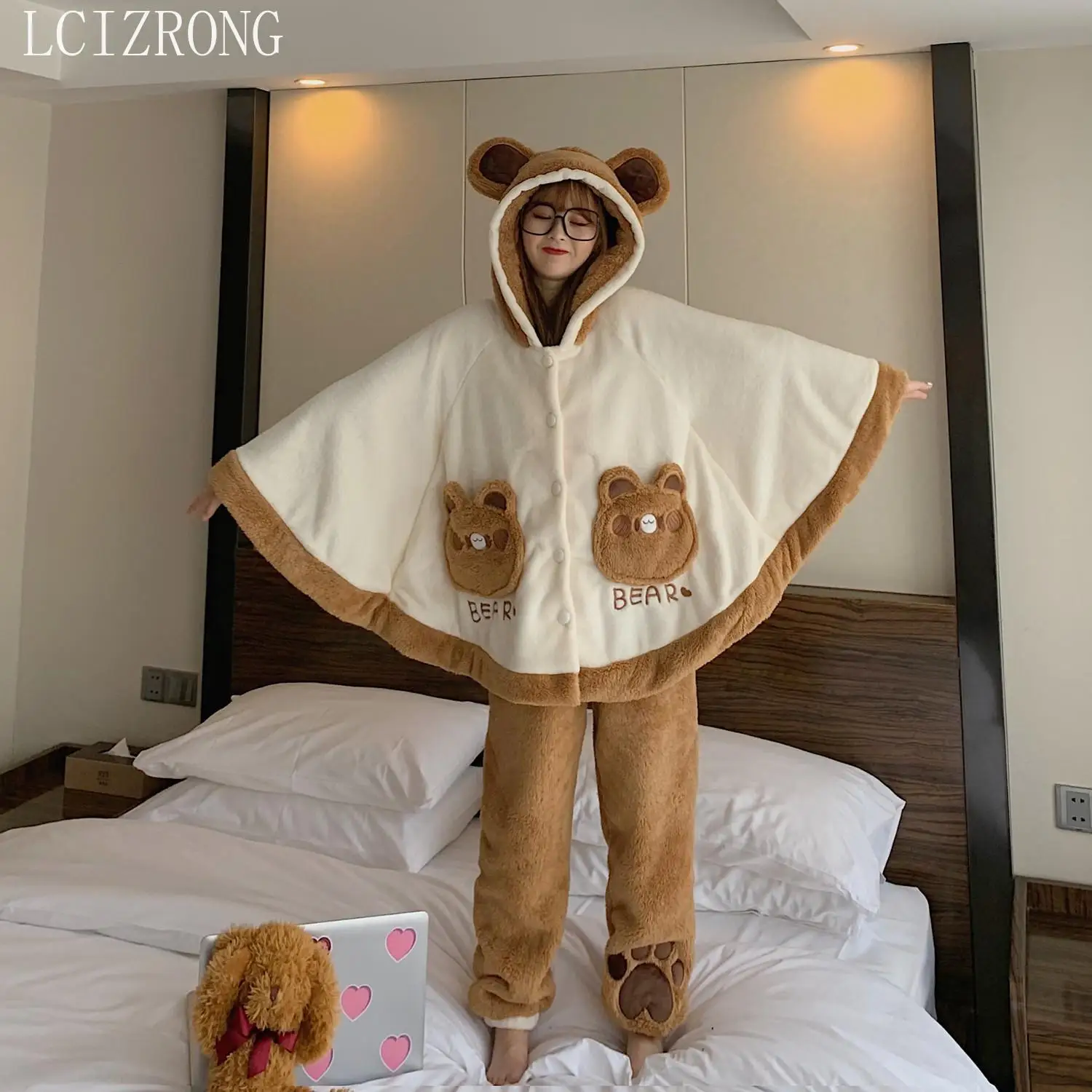 

2023 Cute Bear Autumn Pajamas Set Women Korean Style Cloak Pajamas Sweet Casual Girl Female Home Sleepwear New Suit Bedroom Set