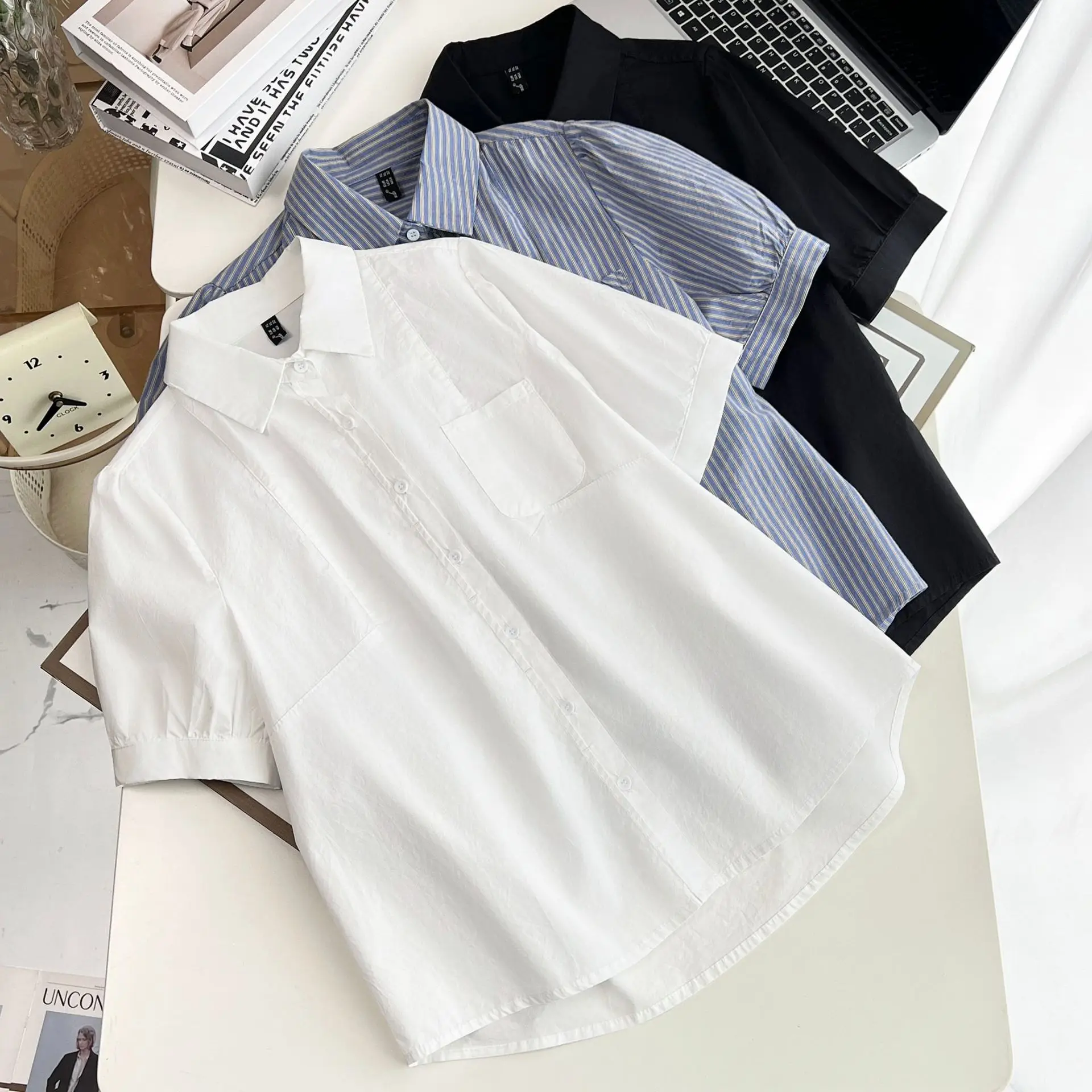 Summer New Plus Size Blouses Women's Wear 100KG Casual Single Pocket Puff Sleeve Washed Cotton Shirt 2517