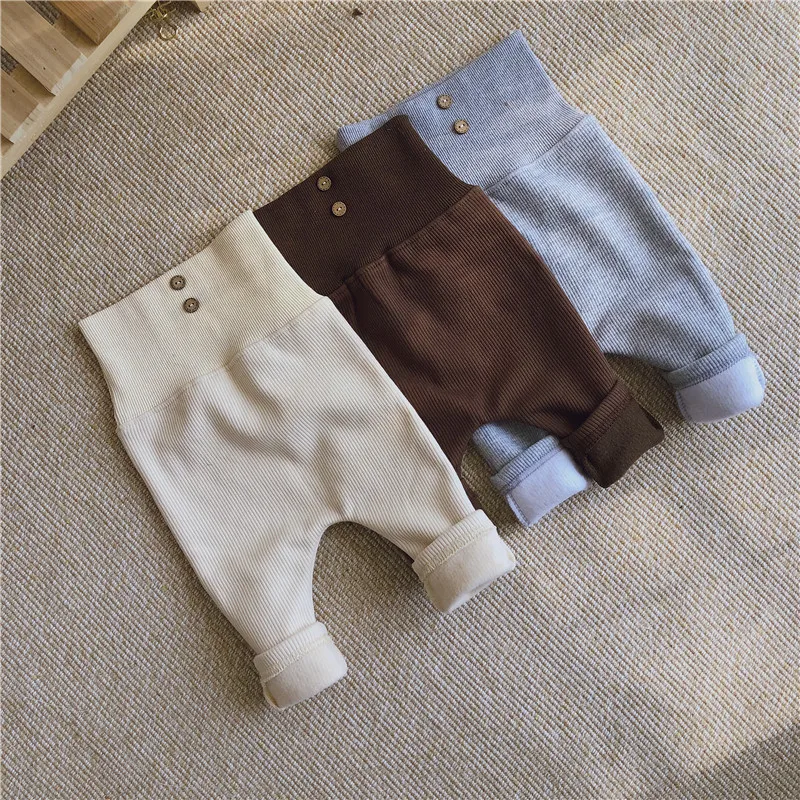 2022 Autumn and Winter Boys and Girls Baby Plus Velvet Thick Vertical Stripe Bottoming Comfortable High Waist Big PP Pants