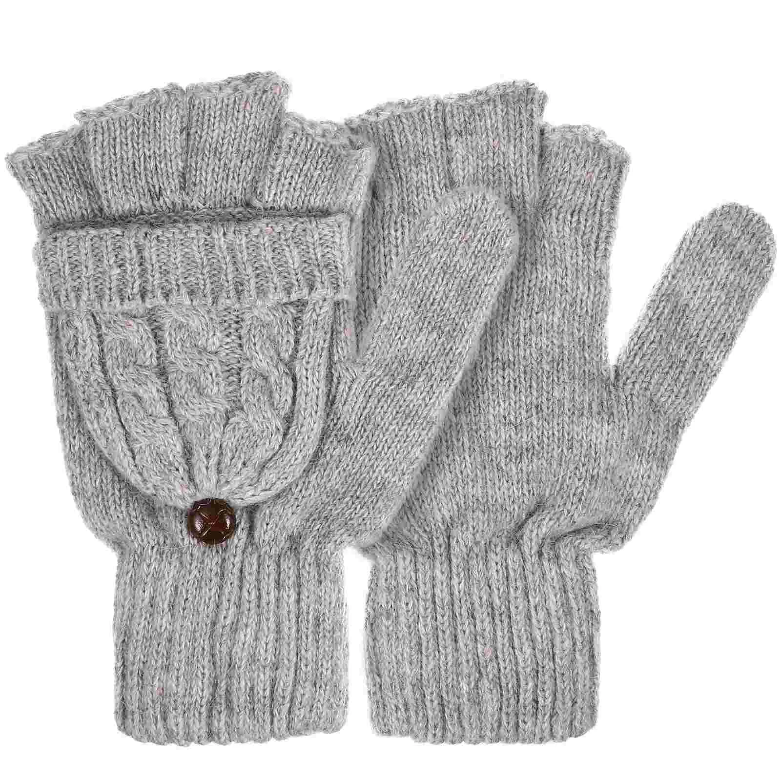 

1 Pair of Women Wool Gloves with Fold-Back Mitten Flap Hand Warmer Winter Gloves (Grey)