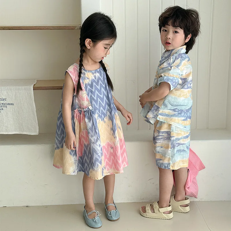 MILANCEL Brother and Sister Outfit Children's Summer Shirt Set 1-8Y Boys' Beach Clothes Loose Casual 2Pcs Suit Girls' Vest Dress