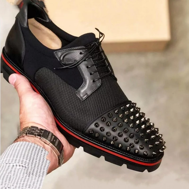 

Men Shoes Punk Rivet Black Lace-up Breathable Casual Fashion Handmade Shoes for Men with Free Shipping Men Dress Shoes