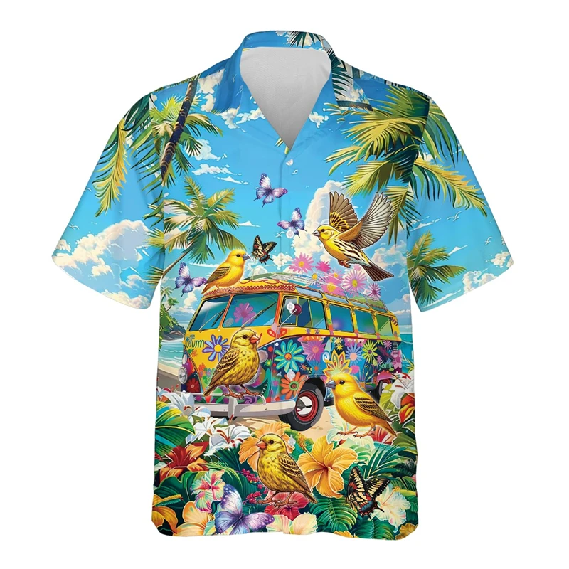 

Hawaiian Hippie Bus Bird 3D Printed Beach Shirts Aloha Vacation Flamingo Graphic Shirt For Men Clothes Lovebird Toucan Blouses