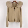 2024 Fashion Autumn Winter Casual Hooded Real Fox Fur Collar Fashion Short Knitted Jacket with Natural Fur Coat for Women 1