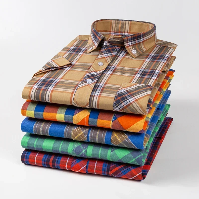 Fashion Korean Popular Clothes 100%cotton Short Sleeve Shirts for Men Slim Fit Casual Plain Shirt Thin Plaid Hawaiian Soft Tops 3