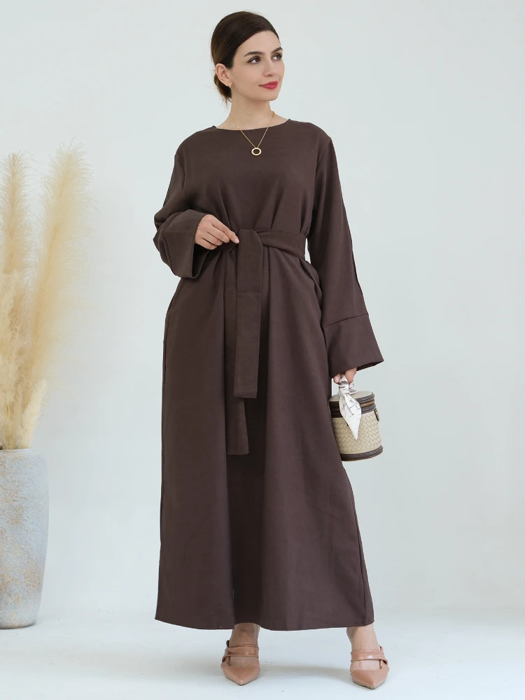

Autumn Winter Abaya Dress with Belt Plain Abayas for Women Long Muslim Dresses Ramadan Eid Dubai Islam Modest Kaftan Hijab Robe