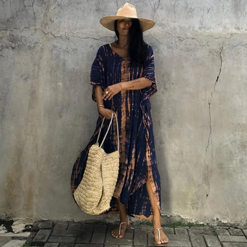 Fashion Casual Striped Print Long Dresses Women Bohemian V-neck Bat Sleeve Loose Slit Beach Dress Summer New Beachwear Vestidos 152 Fashion Casual Striped Print Long Dresses Women Bohemian V-neck Bat Sleeve Loose Slit Beach Dress Summer New Beachwear Vestidos
