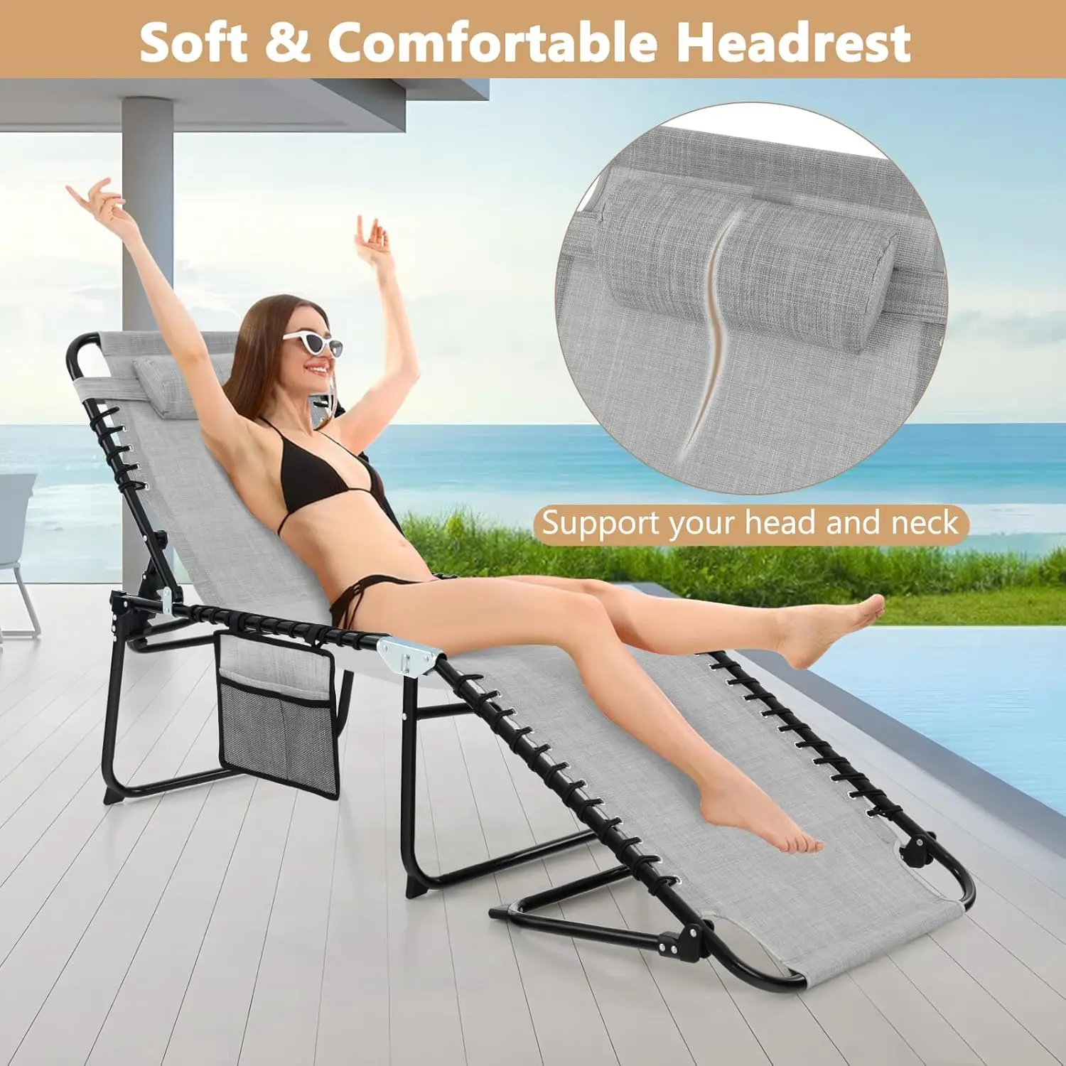 Patio Lounge Chairs for Outside - Folding Tanning Chair w/Headrest, 4 Adjustable Positions, Side Pocket, Outdoor Chaise Lounge