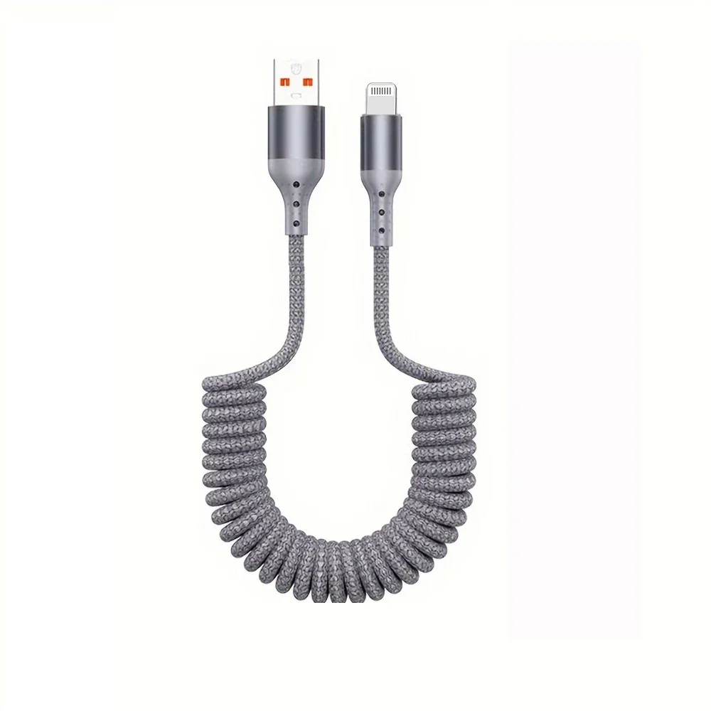 High-Speed Spring Car Charger Cable with 3A Fast Charging for iPhone & iPad Devices