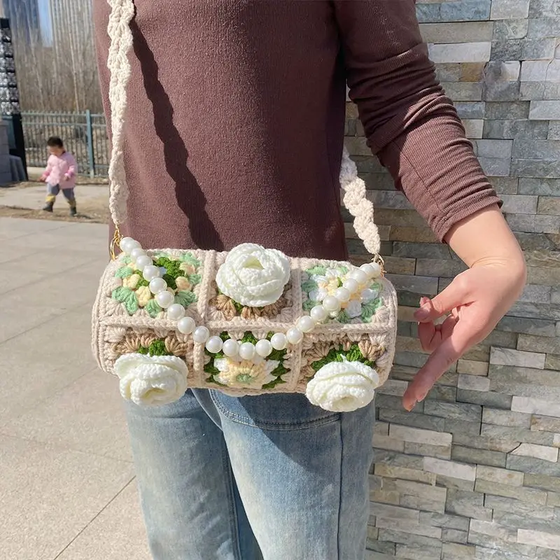 Handmade crochet flowers Bucket Bag for Women Handbag Rattan Beach Boho Bag Casual Colorful Woven Handle Shoulder Crossbody Bag