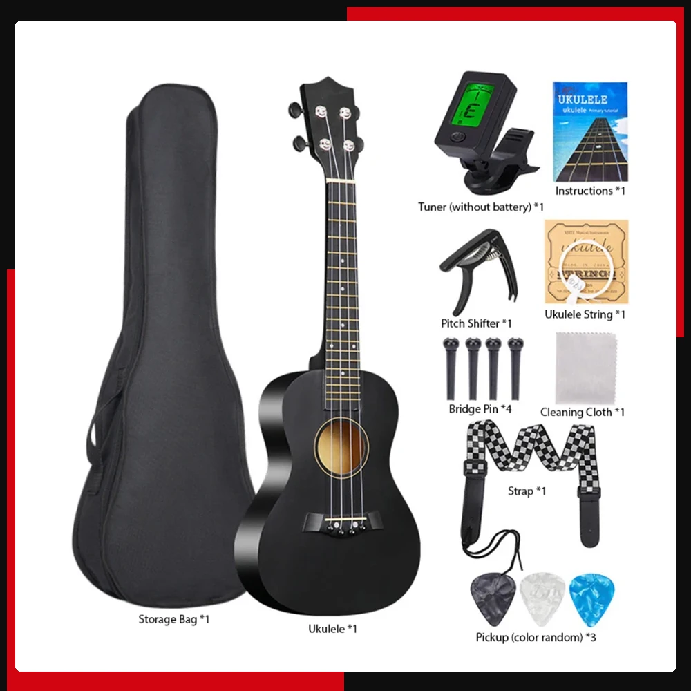 23-inch Ukulele Acoustic Kit with Bag Strings Strap Bridge Needle Capo Pick Tuner for Beginners