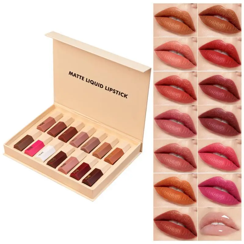 

14 Pcs Matte Lip Gloss Set Long Lasting & Waterproof Liquid Lipsticks Velvet Matte Lip Glaze Non Stick Cup Lip Makeup For Women