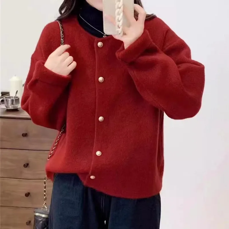 Autumn and Winter New Crew Neck Women's Cardigan Sweater Korean Style Solid Color Women's Knitwear Single-breasted Jacket