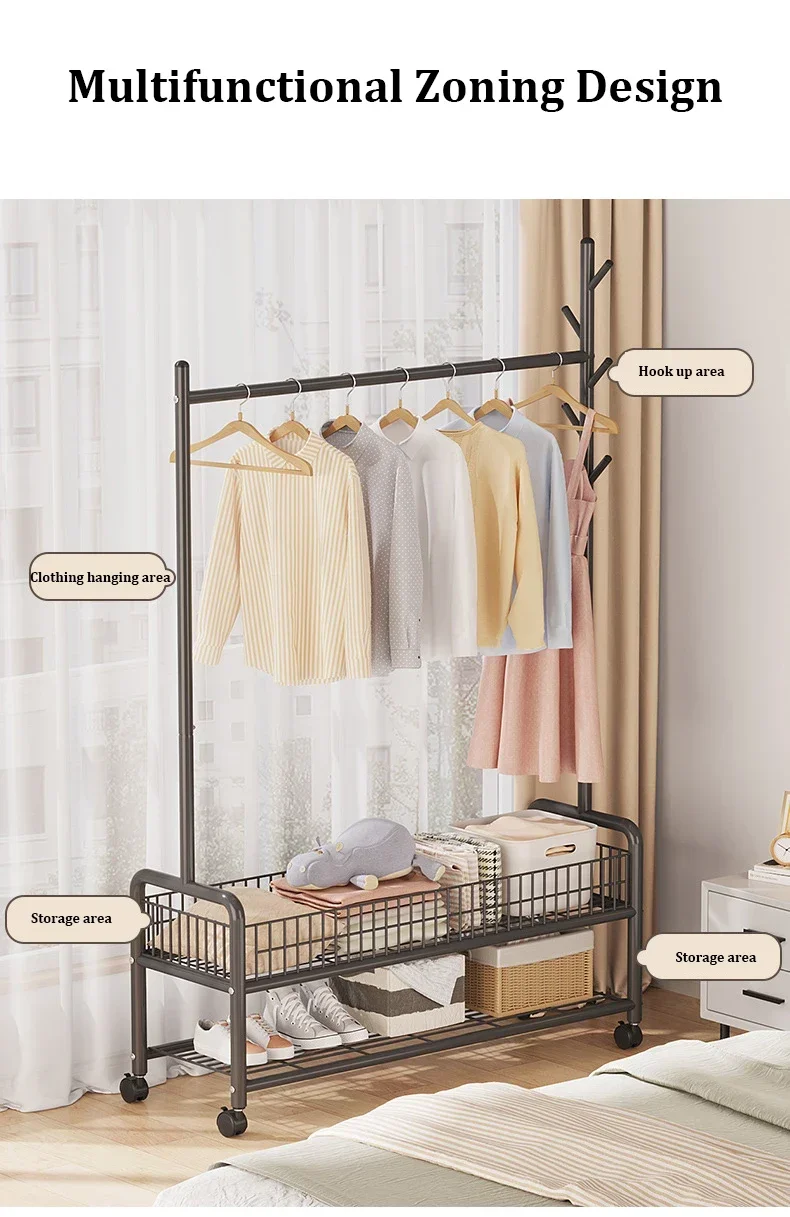 Description Picture 3 of itemMovable Clothes Rack Floor Hanger Stainless Living Room Bedroom Furniture Coat Hat Rack Hooks Stand Storage Wardrobe Storage Box