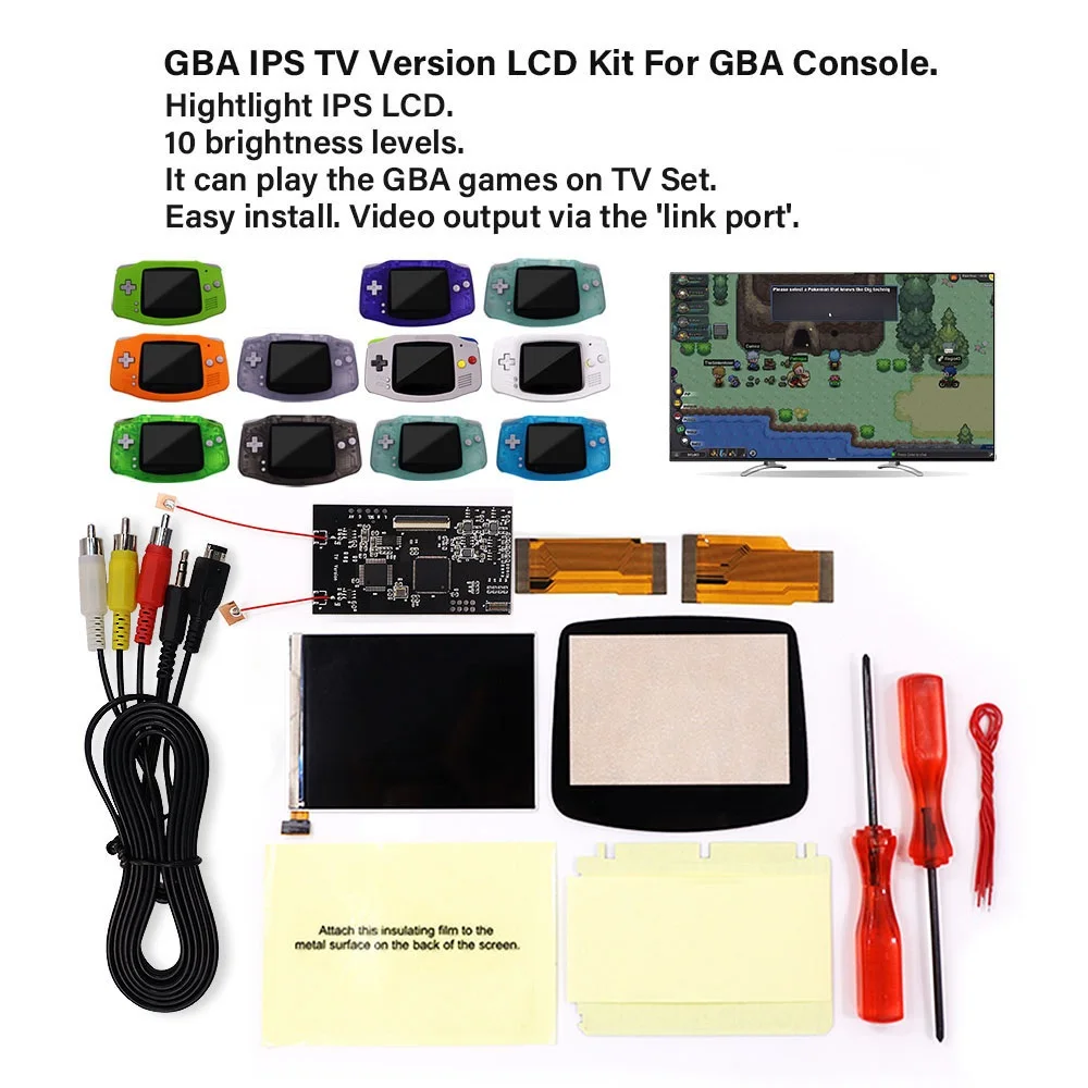 

V2 IPS LCD TV Version for GBA Backlight LCD 10 Levels Brightness For GBA TV Version For GBA Console And pre-cut Shell case