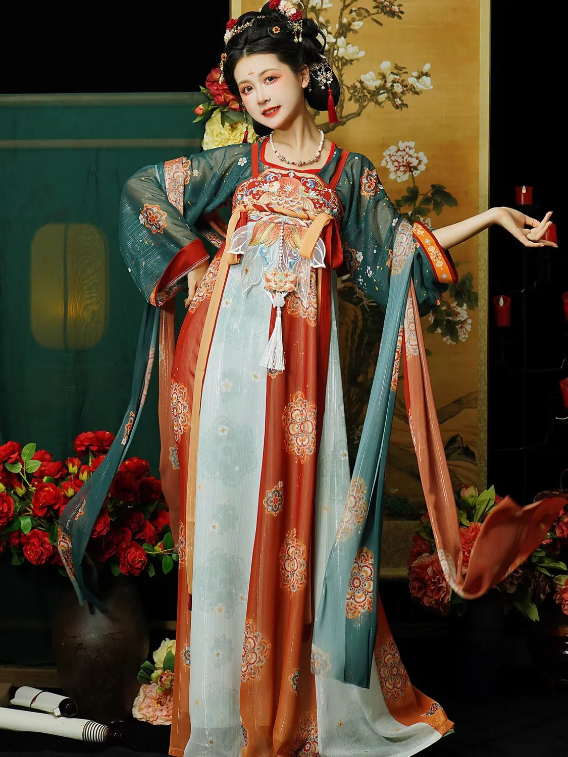 Nuovo Originale Hanfu [Glorious Scenery Long Song] Tang Tang Collar Petto-Lunghezza Sling Han Elements Squisito Vestito Gonna Vintage