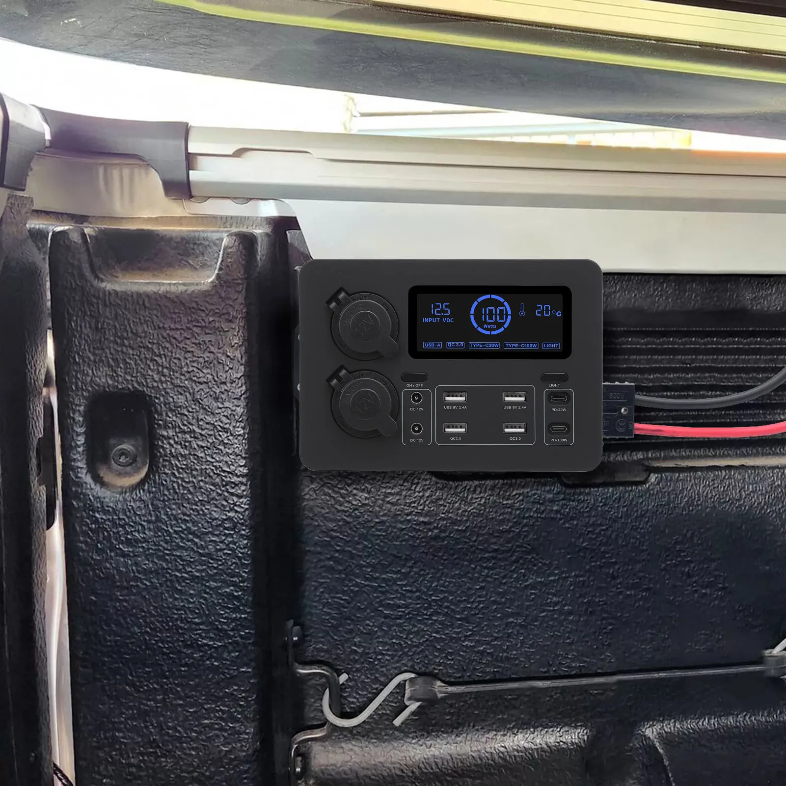 12V Mini Power Box 100W LCD Display USB C QC3.0 Port for 4  Outlet Multifunctional for Boat RV Car Boat Mini Power Box