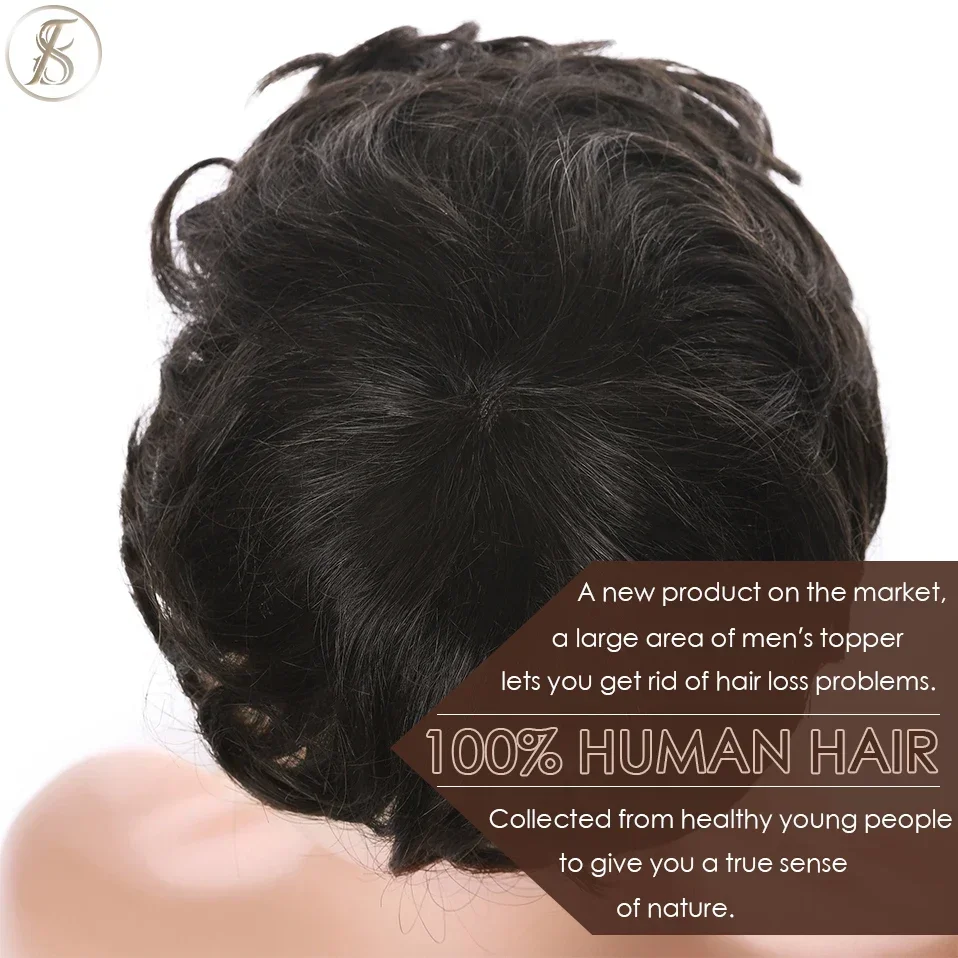 TESS 35g Men Toupee 16x19cm Human Hair Toppers Replacement System Men Capillary Prothesis Male Hair Wig Clip In Hair Extensions 6