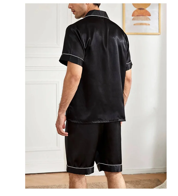 Zweiteiliges Herren-Pyjama-Set aus Satin, lässig, bequem, Pyjama, Knopftasche, kurzärmliges Hemd mit Shorts, Pyjama-Nachtwäsche für Herren – Detail 12
