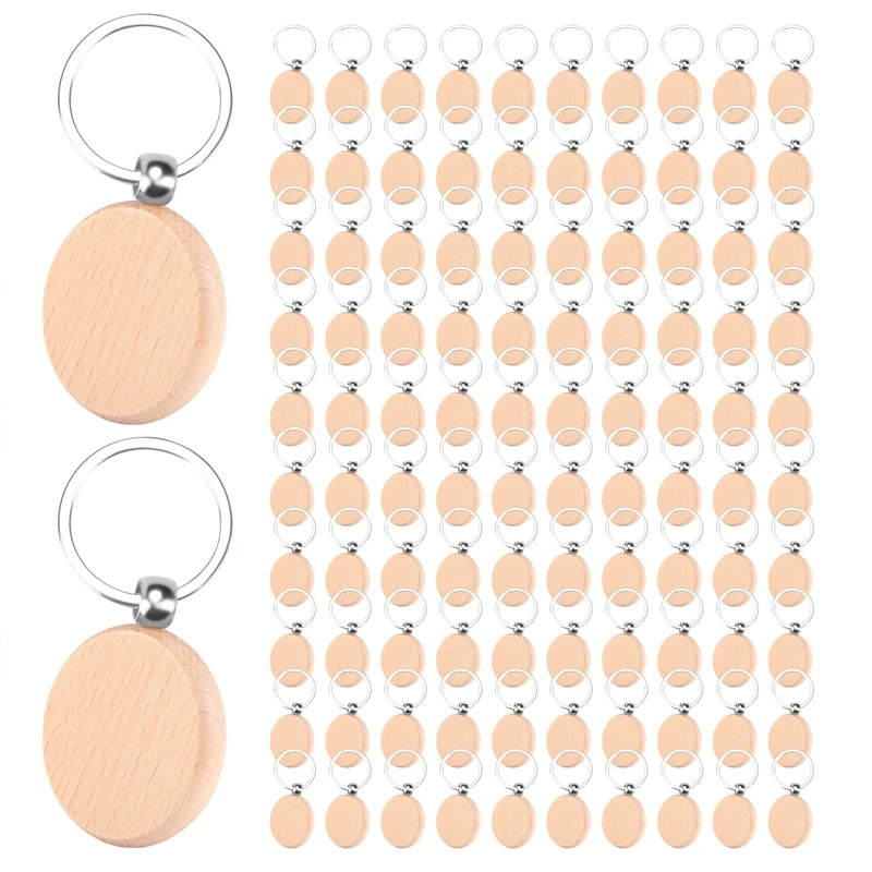

100Pieces Wooden Keychain Blanks Bulk Wood Engraving Blanks Unfinished Wooden Key Ring Key Tag