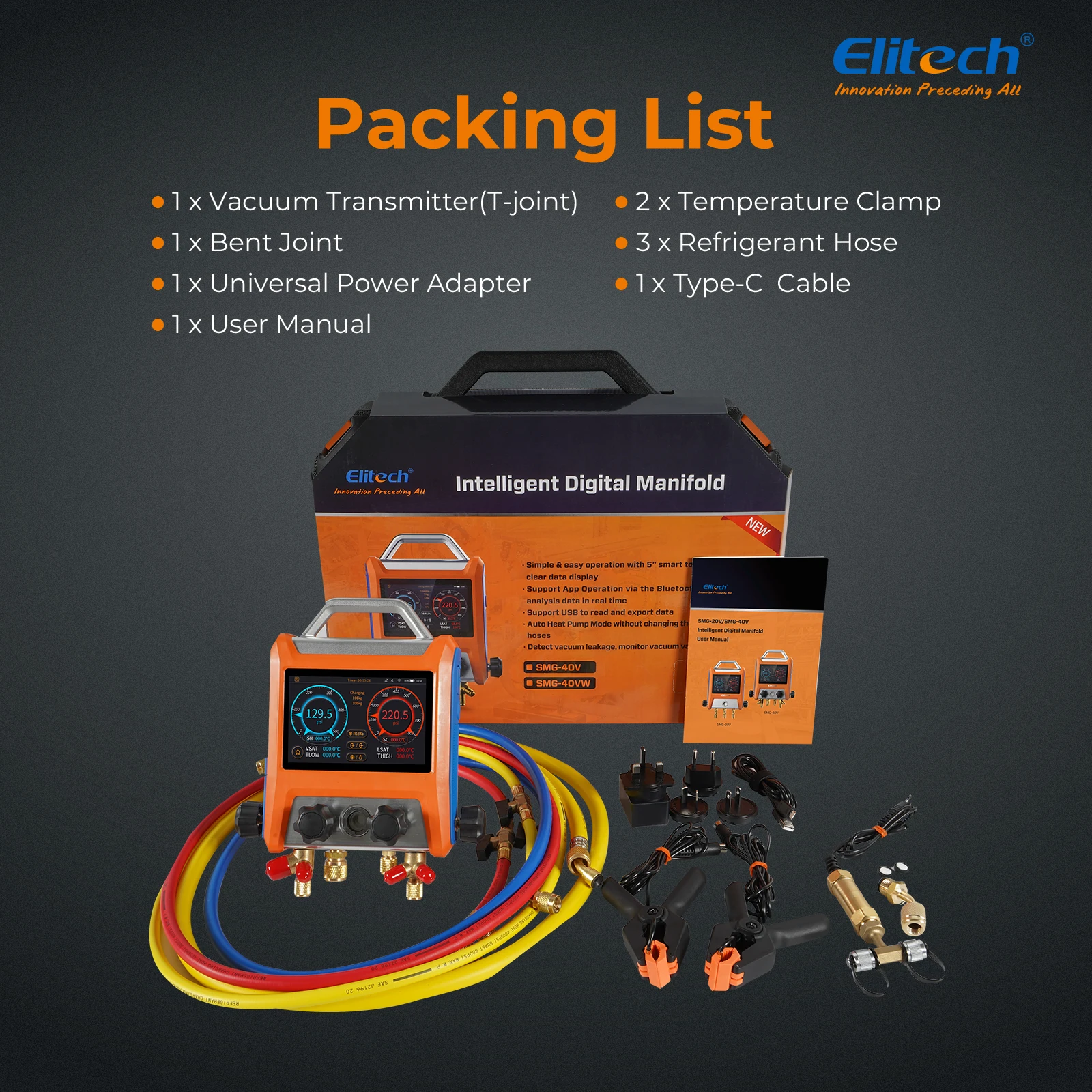 Elitech EMG-40V Intelligent 4 Valves Digital Manifold Kit with 5” Smart Touch Screen HVAC Gauge with Bluetooth