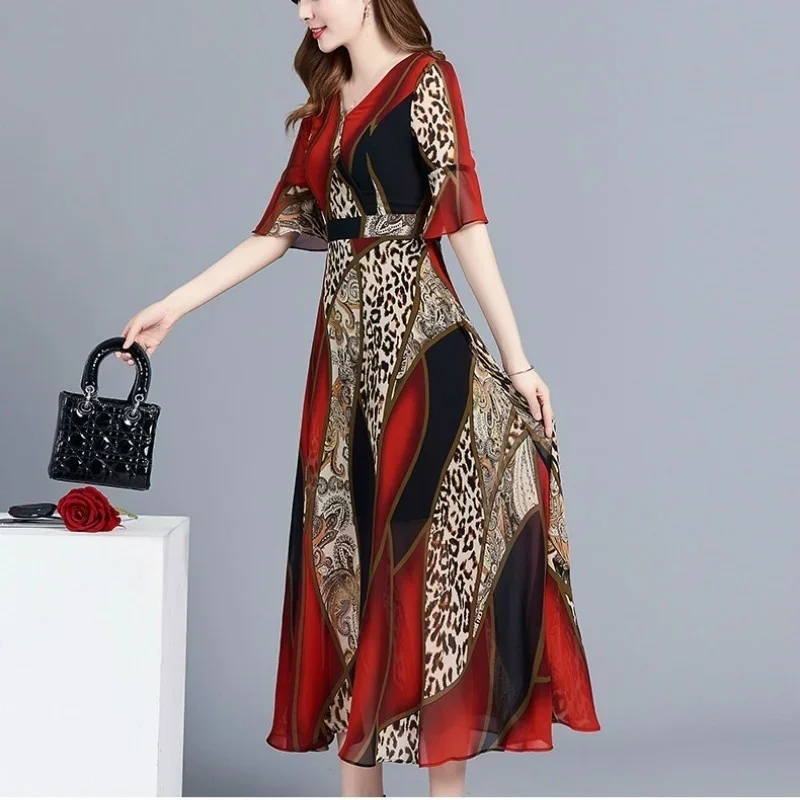 Summer New Print Dress V-neck Fashion Casual Loose Long Skirt Dresses for Women Long Sleeve Dress