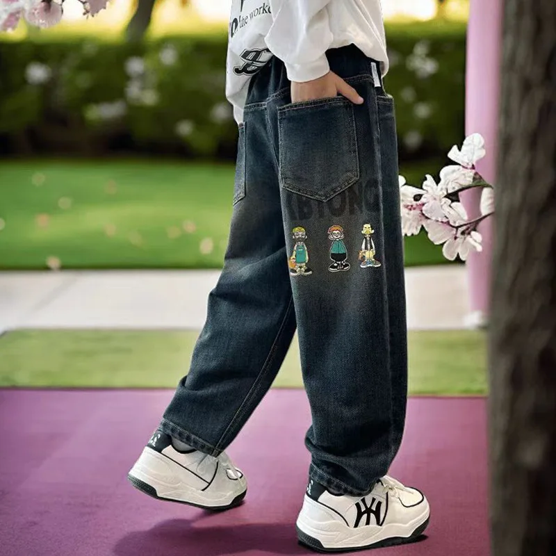 Thickened Winter Denim Jeans for Boys Autumn Sports Style Long Pants Polyester Cotton Blend High Waist Elastic Band - 2