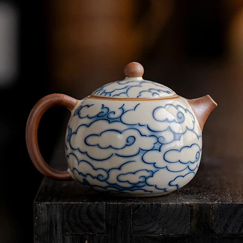 Chinese Style Retro Ceramic Auspicious cloud pattern Kiln Teapot Creative Porcelain Kung Fu Household Indoor Supplies 180ml, 1Pc