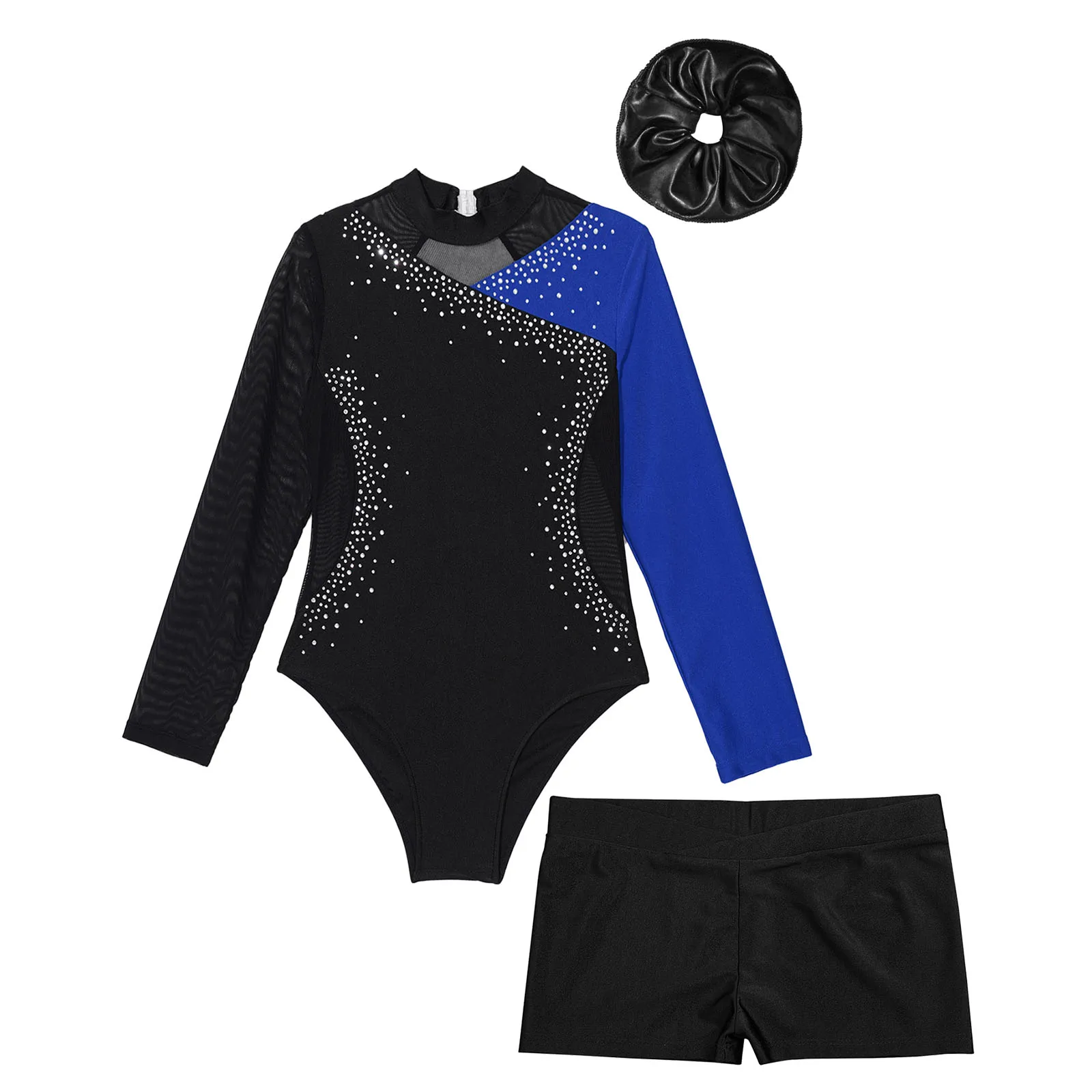 Kids Girls Gymnastics Bodysuit Outfit Shiny Colorblock Long Sleeve Skating Jumpsuit Children&rsquo;s Tutu Ballet Leotard with Shorts