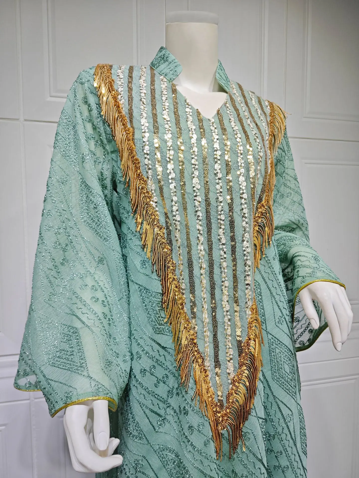 Arabische Dubai Mesh Pailletten Stickerei Abend Robe für Frauen Jalabiyat muslimische türkische lässige lose Langarm Kleidung – Detail 27