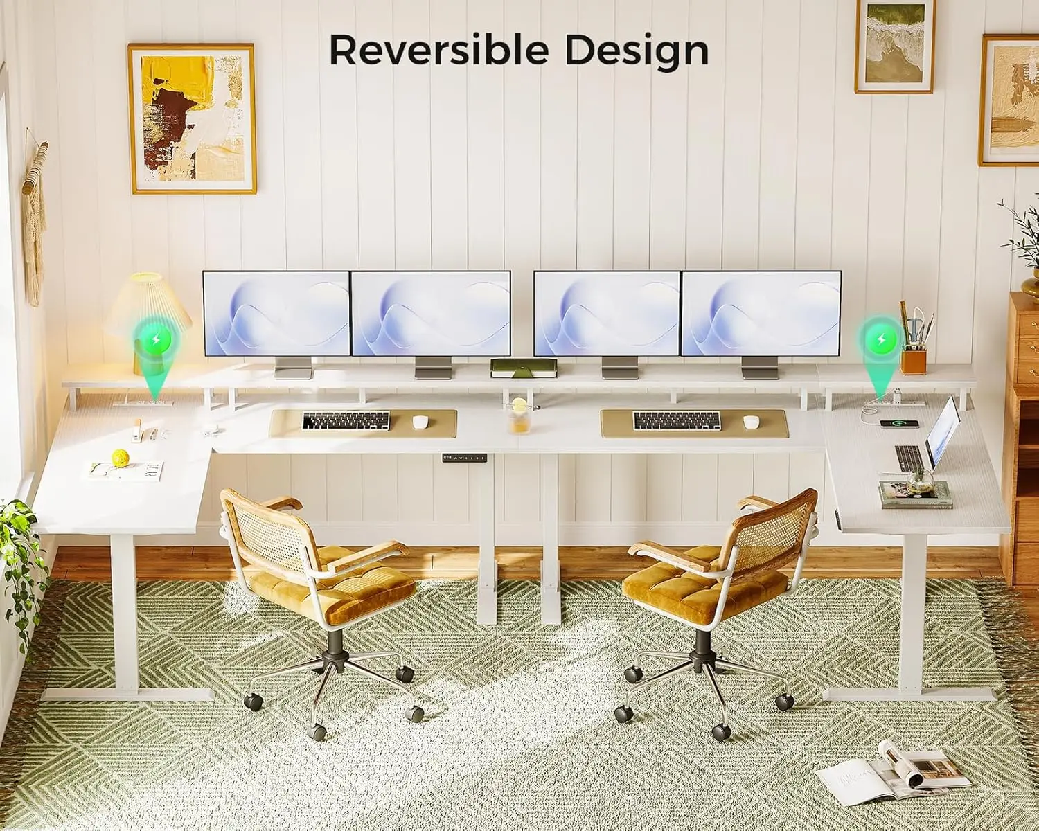 Electric L-Shaped Desk, 59" Height Adjustable, Monitor Stand, Power Outlets. For Home/Office, White