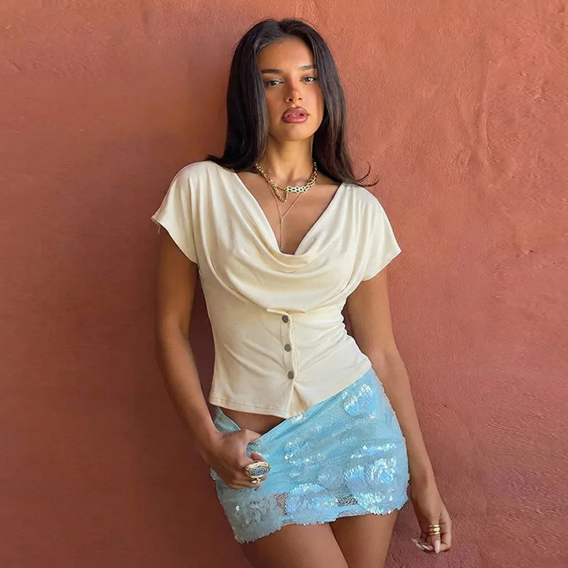 Y2K Women Summer Vest Tees Fashion Button-Front Patchwork V-Neck Pleated Fitted Tops Casual High-Street Party Female T-Shirts 6