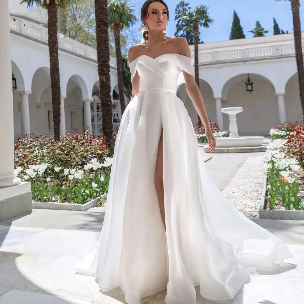 

2023 Elegant Sweetheart A-Line Wedding Dresses Off The Shoulder Backless Simple Satin Bridal Gowns High Side Split Custom Made