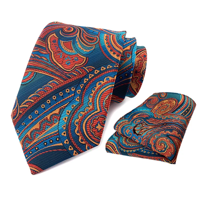 

New Classic 100% Silk Men's Ties 8cm Blue Paisley Striped Flower Business Necktie Handkerchief Wedding Party Tie Set Gravatas