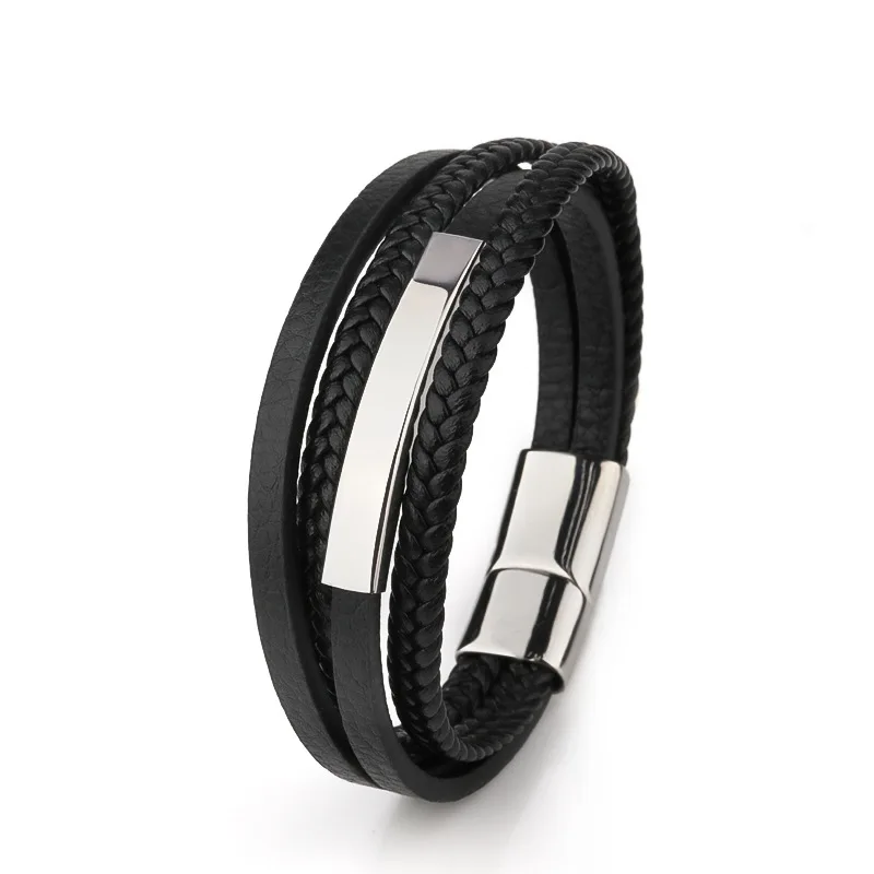 

Wholesale New Hot Sale Magnetic Snap Artificial Woven Multi-Layer Bracelet Bangle Stainless Steel Tube Leather Men's
