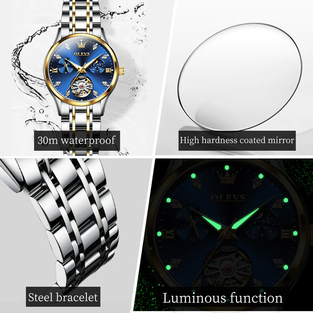 OLEVS 6608 Automatic Watch Woman Moonswatch Mechanical Watch For Women Hollow Original Diamond Luxury Wristwatch Waterproof