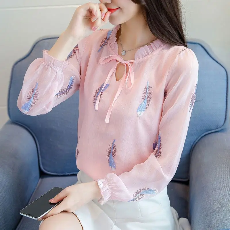 여성용 러플 레이스 업 블라우스, 우아한 셔츠, V넥 긴팔, 루즈한 상의, 용수철 가을, 한국 패션