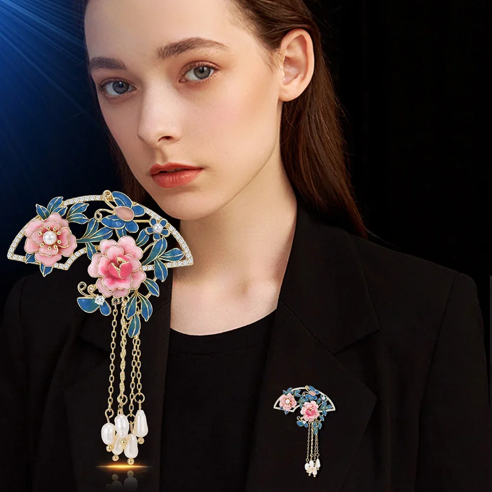 Chinese style Peony Flower Brooch Exquisite women Tassel Pearl Pendant brooches Inlaid zircon alloy brooch Suit pins accessories