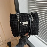 2025 Fashion Plaid Tote Bag for Women – Large Capacity Soft Fabric Shoulder Handbag with Beaded Chain, Stylish Commuter Purse for Ladies - Image 2