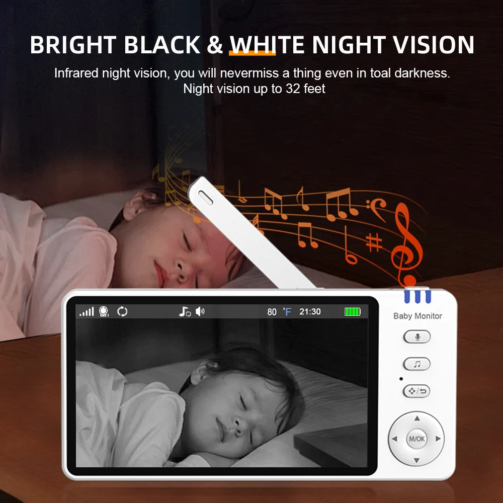 5''IPS Screen Video Baby Monitor Pan-Tilt-Zoom Camera Electronic Babysitter 2-Way Talk Night Vision Temperature lullaby Nanny