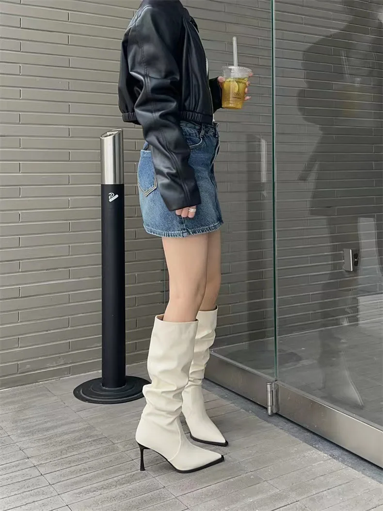 New Classic Fashion Knee High Boots Women's Winter Autumn Thick Heel Long Slip on Spring Shoes Women Length Slender heel Boots