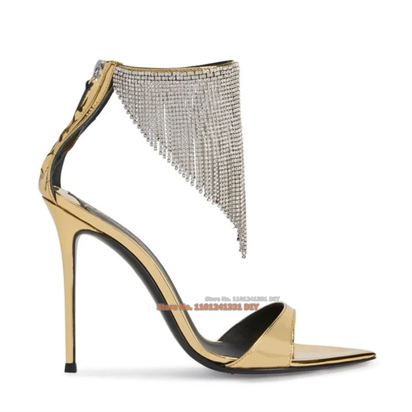 

Gold Black Color Crystal Tassel Thin High Heel Sandals Stiletto Heels Slingback Sexy Women's Strappy Summer Dress Shoes