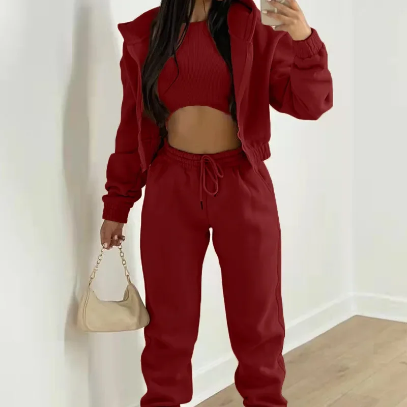 Autumn Winter Women's 3 Piece Sets Casual Long Sleeve Zip Hoodies Tank High Waist Sweatpants Jogger Pant Suits