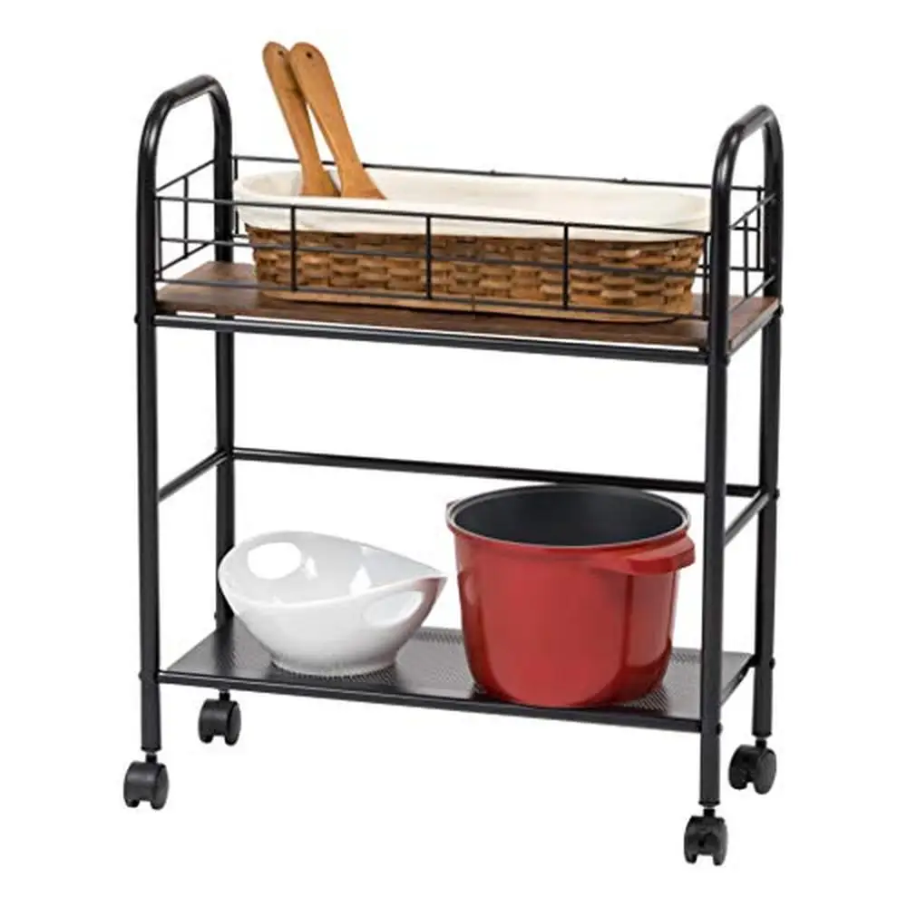 

2-Tier Rolling Cart with Lockable Caster Wheels Coffee Pantry Rack Home Bar Serving Cart Slim Design Wood Metal Shelf Storage