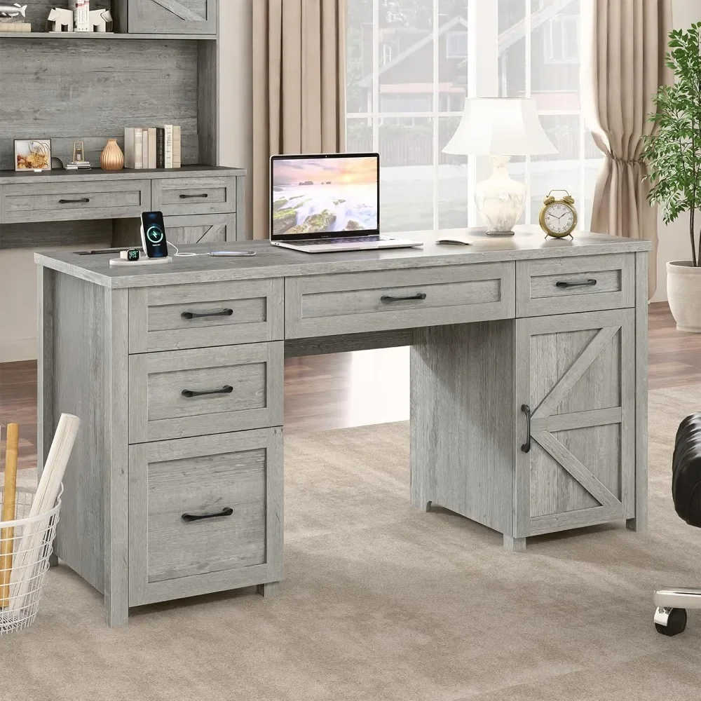 61'' Executive Office Desk with 5 Drawers, Computer Desk with Charging Station, File Drawers & Storage Cabinet, Home Office Desk 2