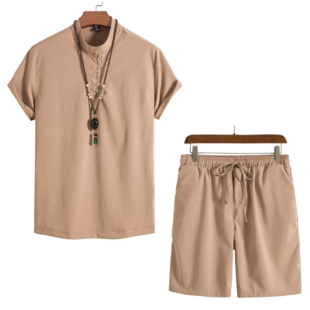 Mens Short Sleeve Button Blouse Shirt Tops and Wide Leg Short Suits