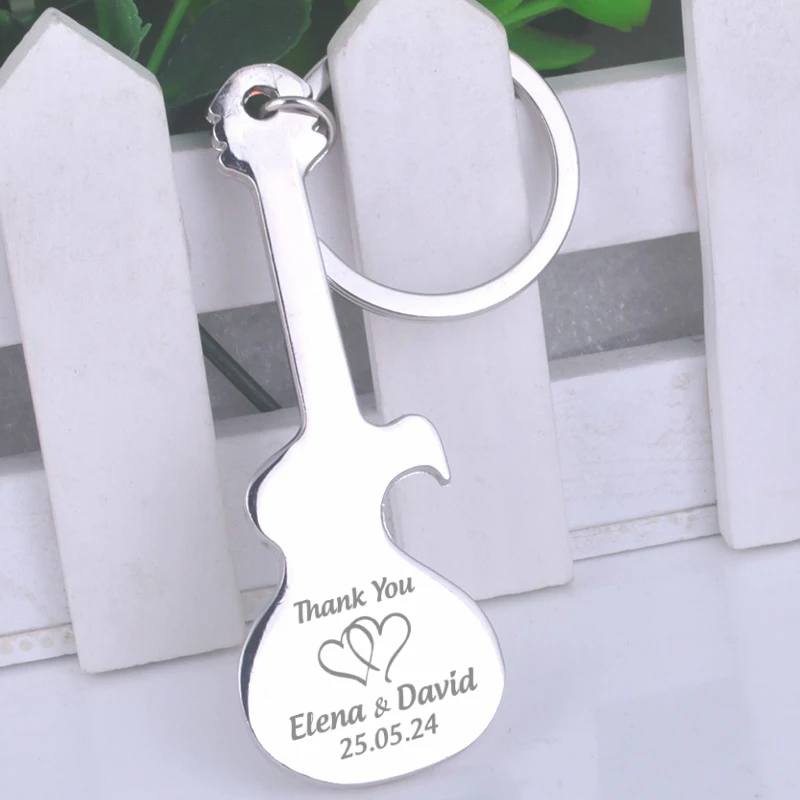 

50x Guitar Shape Beer Bottle Opener Metal Keychain Personalized Wedding Favor Gift Custom Engraved Silver Key Ring Bottle Opener